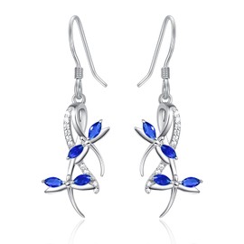 Blue Sapphire Leverback Dangle September Earrings Dragonfly Fish Hook Earring for Women Fashion 925 Sterling Silver Hypoallergenic Jewelry