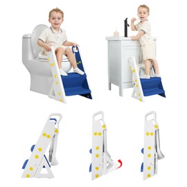 PRIMLECT Primlect Potty Training Seat, Upgrade Foldable Step Stool for Bathroom, Toddler Toilet Attachment, Adjustable Height, Handles on Top of The Ladder, Easy to Carry and Climb, Boys and Girls 1-3 Blue)
