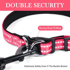 AUAUY Reflective Nylon Dog Collars, Double Security Adjustable Classic Pet Collars with Soft Neoprene Padding AirTag Case, Dual D-Ring Quick Release Buckle for Small, Medium and Large Dogs(Rose Red-M)