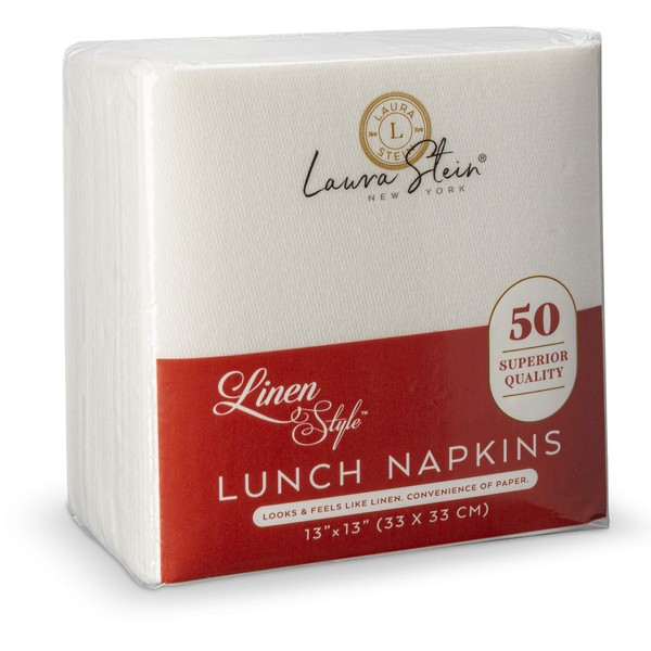 Laura Stein Linen Style White Lunch Napkins (50 Pack) | Disposable Napkins of, Soft Touch & High Absorbency | Napkins for Parties, Weddings, Restaurants, Catering Events or at Home