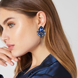 Flyonce Vintage Rhinestone Clip On Stud Earrings for Women, Fancy Crystal Cluster Teardrop Art Deco Non Pierced for Wedding Bridal Brides Navy Blue Silver-Tone