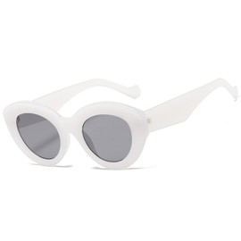 LASPOR Retro Cat Eye Sunglasses for Women Men Oval Round Frame Thick Frame Oversized Glasses UV400 Protection (White Frame/Grey Lens)
