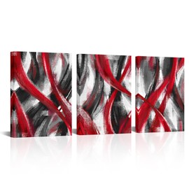 Visual Art Decor Abstract Wall Art Red and Black Geometric Lines Painting Red Pictures Bathroom Bedroom Living Room Decor Framed 12x16inchx3Pieces