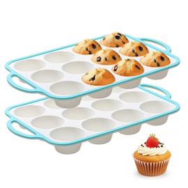 Fimary Silicone Muffin Pans for Baking 2 Pack, 2.6 Inch with Metal Reinforced Frame, Regular Size Nonstick Cupcake Pan 12 Cups for Baking Homemade Muffins, Dishwasher Safe BPA Free-Green