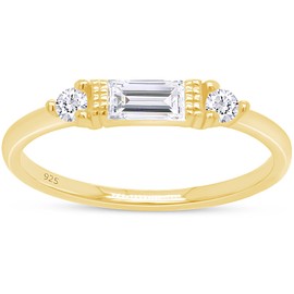 AFFY Baguette And Round Cut White Cubic Zirconia In 14K Yellow Gold Plated 925 Sterling Silver Three Stone Design Bridal Engagement Wedding Ring Jewelry For Women Size -8