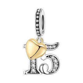 PANPOKI Number Charm for Bracelet & Necklace, Sterling Silver 925 with Cubic Zirconia & 18K Gold Plated Heart, Anniversary Birthday Age Gift (10 13 15 16 18 20 21 25 30 40 50 60) (Number 15)