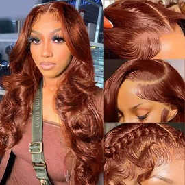 Bling Hair 30 Inch Reddish Brown 180 Density Body Wave HD Lace Frontal Wigs Human Hair 13X6 Lace Front Wigs Human Hair 33# Body Wave Human Hair Wig Pre Plucked for Women Human Hair Wig - Wigs Type: 13×6 Body Wig, Size: 28"