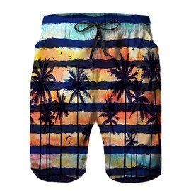 Runchenya Mens Swim Trunks with Mesh Lining,Watercolor Palm Tree Beach Theme 9 Inch Quick Dry Board Shorts Bathing Suit Swimsuit Beach Pants Swimwear L
