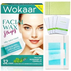 Tiras de cera facial hipoalergénicas para piel sensible | Kit de depilación reutilizable en casa para cejas, labios, piernas y bikini | 16 tiras + 6 t