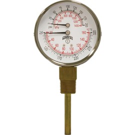 Winters TTD Series Steel Dual Scale Tridicator Thermometer with 2" Stem, 0-200psi/kpa, 3" Dial Display, ±3-2-3% Accuracy, 1/2" NPT Bottom Mount, 70-320 Deg F/C