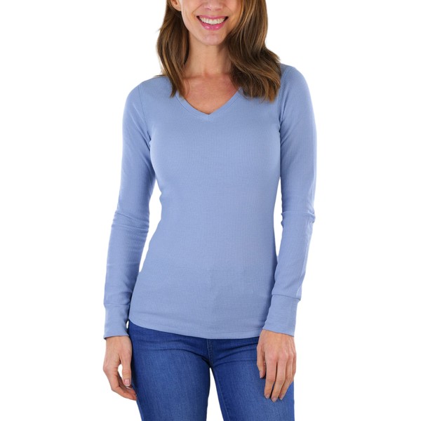 ToBeInStyle Camiseta térmica Henley de manga larga con cuello en V para mujer, Punto gofrado - Azul nube, S
