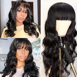 Body Wave Human Hair Wigs with Bangs 150% Density None Lace Front Wigs Glueless Machine Made Wigs for Women Natural Color(16nch, Body Wave)