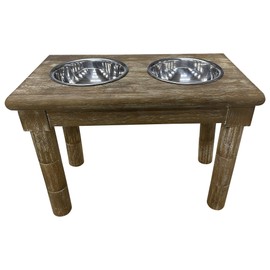 828 Pet Supplies | Adjustable Dog Feeder - 3 Height Levels - Aluminum Bowls - Washed Oak Finish - Farm House Pet Supplies - 16" Tall - 12" Tall - 8" Tall