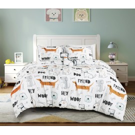 Chezmoi Collection 3-Piece Cartoon Dogs Kids Bedding Set Twin Size - Black White Brown Gray Soft Microfiber Comforter Set w/Dog Throw Pillow for Kids Teens