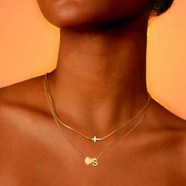 RechicGu 2 Pcs Heart Initial Pendant and Cross Necklace for Women, 18K Gold Plated Jewelry Dainty Tiny Side Cross Choker Trendy Letter Charms Chain Gifts for Her S