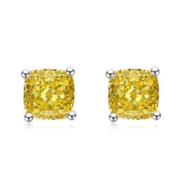 Sterling Silver Diamond Earrings for Women, Cushion Cut 4 Carat/Pair (7mm) Lab Simulation Yellow Diamond Stud Earrings Hypoallergenic Jewelry Gifts for Her Birthday Christmas