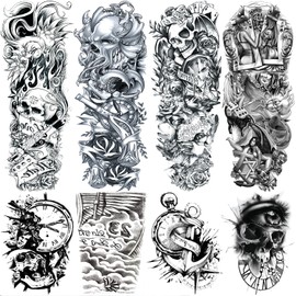 Pirate Skull Temporary Tattoo Sleeves for Men, 4-Sheet Full Arm Large Flower Skeleton Octopus Fake Tattoo Sleeve Adult Women and 4-Sheet Black 3D Anchor Clock Eye Half Temp Tatoo Sticker Leg Body Art
