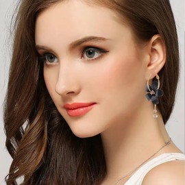 Acrylic Romantic Crystal Acrylic Rose Flower Earrings Exaggerated Sparkly Five Leaves Exaggerated Round Hoop long Tassel Earring for Women (Black)