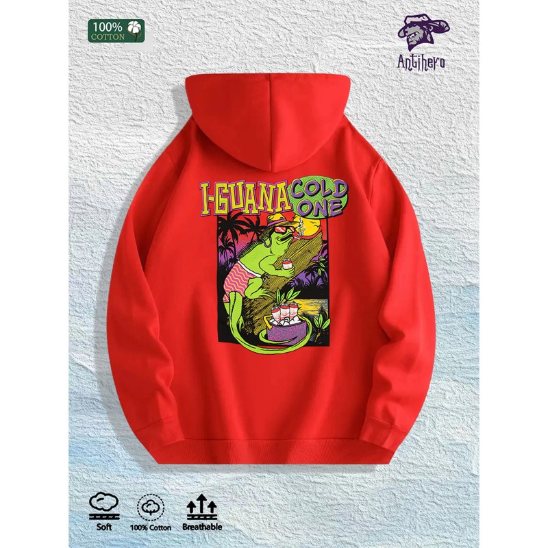 Iguana Cold One Tropical Graphic Hoodie 100% Cotton US Warehouse