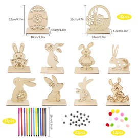 Zoonvii Wooden Rabbits for Painting, Easter Crafts Wood, DIY Easter Bunny Decoration, Pack of 10 Easter Bunny, Wooden Chicken, Wooden Eggs, with Colourful Mini Pompoms, Googly Eyes, Craft Set Easter
