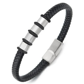 COOLSTEELANDBEYOND Men's Women's Unique Black Braided Leather Bracelet Bangle with Stainless Steel Bead Charm and Magnetic Clasp, Black leather, No gemstone