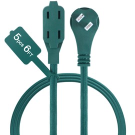Tellegloww 5 Pcs Christmas 3 Outlet Extension Cord Outdoor Braided Flat Plug Extension Wire Prong 6 ft with Low Profile Plug 3 Prong Extension Cord for Xmas Light Holiday Decoration(Green)