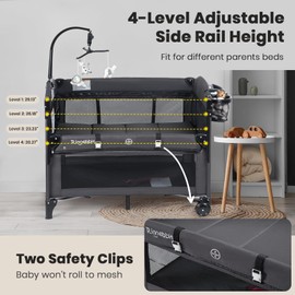 Rinnebbit Baby Bassinets Bedside Sleeper, 4 in 1 Portable Bedside Crib w/Mattress, Diaper Changer, Storage Basket, Music Box, Carry Bag, Foldable Playard Sleeper for Newborn (Black)