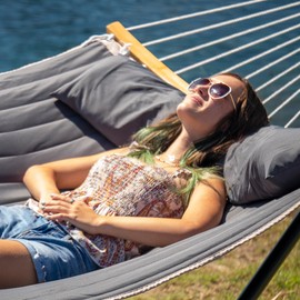 Mansion Home 55in Hammock with Stand, Heavy Duty Hammock with Stand Included, Two Person Hammock with Curved Spreader Bar, Pillow and Portable Bag, 450 Lbs Capacity, Dark Gray