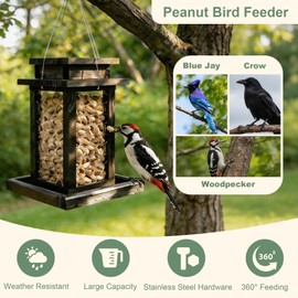 Square Crow Feeder - Hanging Whole Peanut Bird Feeder, Durable Solid Wood, Attracts Crows, Woodpeckers, Large Birds & Blue Jays - Outdoor Garden, Yard Use