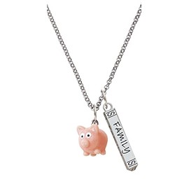 Delight Jewelry Resin Pink Pig Silvertone Family Bar Charm Necklace, 23"
