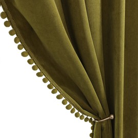 Benedeco Olive Green Velvet Curtains for Bedroom Window with Pom Pom, Super Soft Luxury Drapes, Room Darkening Thermal Insulated Rod Pocket Curtain for Living Room, W52 by L84 inches, 2 Panels