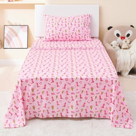 Softan Kids Bed Sheet Set, Girls Twin Size Kids Sheets, Microfiber Kids Fitted Sheet and Pillowcase, Breathable and Silky Soft, 3 Piece Pink Boots Printed Kids Twin Bed Sheet