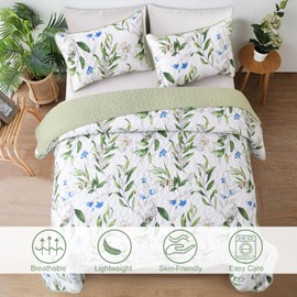 Quilt Set King Size Lightweight Sage Green Bedspread 3 Pieces Reversible Floral Bedding Set with 2 Pillowcases for All Season(Sage Green,104"x90")