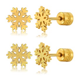 ZQGOFPT Snowflake Earrings Christmas Stainless Steel Earrings Spiral Back Nickel Free&Lead-Free Non Allergic And Non Irritating 2 Pairs Golden 8mm (golden)