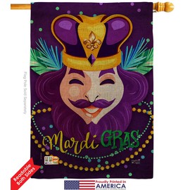 King Of Mardi Gras Burlap Garden House Flags Kit Springtime Carnival Festival Masquerade Celebration Season Holiday French Small Decorative Gift Yard Banner Double-Sided Made In USA 28 X 40