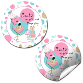 Flamazing Pink Aqua & Gold Glitter Polka Dot Flamingo Birthday Thank You Sticker Labels for Kids, 40 2" Party Circle Stickers by AmandaCreation, Great for Party Favors, Envelope Seals & Goodie Bags