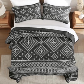 Yiran Quilt Set King Size Black and White, Boho Aztec Bedspreads Bedding Set, Bohemian Stripe Farmhouse Lightweight Coverlet Set with 2 Shams for Bed 106x90 Inch