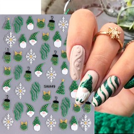 5 Sheets Christmas Nail Art Stickers Decals Xmas 3D Self-Adhesive Nail Stickers Gingerbread Man Elk Candy Cane Christmas Tree Snowman Gnome Nail Decals for Nail Art Winter Nail Supplies Decorations