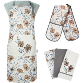 Sterling Sports 5-Piece Kitchen Set Apron, Double Oven Gloves & Tea Towels Set - Quick Dry kitchen Accessories For Baking & Cooking - Perfect Mothers Day Gifts For Baking Lovers (Floral Grey)