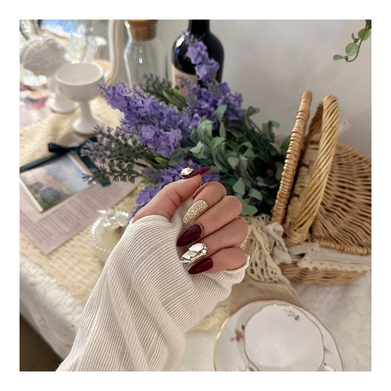 Burgundy & Gold Glitter Full Parts Handmade Nail Tips -