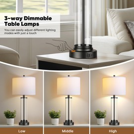 QiMH Touch Control Table Lamps Set of 2 with USB Ports, 3-Way Dimmable Bedside Lamp for Living Room Bedroom House, Modern Nightstand Lamp with 2 LED Bulbs(Black)