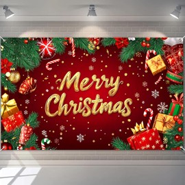 BlissYard Merry Christmas Banner Red Gold Gifts Snowflakes Candy Canes 71x43 Inch Holiday Decorations for Indoor Outdoor Party Supplies Xmas Home Decor Festive Backdrop Celebration