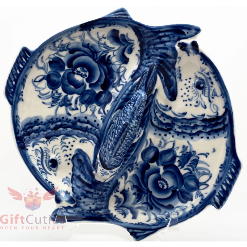 Gzhel Porcelain Fish server plate holder tray dish Hand-painted Author's