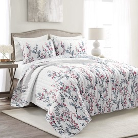 Lush Decor Mirabelle Watercolor Floral Reversible 3 Piece Quilt Set, Full/Queen, Blue & Coral
