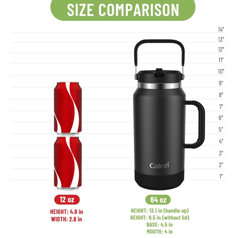 Cafezi Half Gallon Insulated Water Jug, Stainless Steel with Flip
