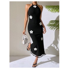 SOLY HUX Women's Sleeveless 3D Floral Bodycon Halter Long Dress Fringe Trim Sleeveless Vacation Party Dresses Black Flowers Medium