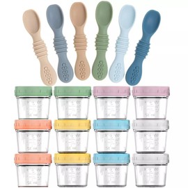 12-Pack Glass Baby Food Storage Jars with Lids, 6-Pack Silicone Baby Self-Feeding Spoons – BPA-Free, Leakproof, Freezer Safe Jars