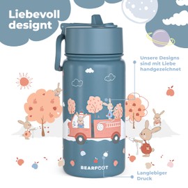 BEARFOOT Children's Stainless Steel Water Bottle with Straw - Thermos Flask 400 ml - BPA Free - Leak-Proof - Toddlers, Girls and Boys Water Bottle for School, Nursery (Blue - Fire Brigade)