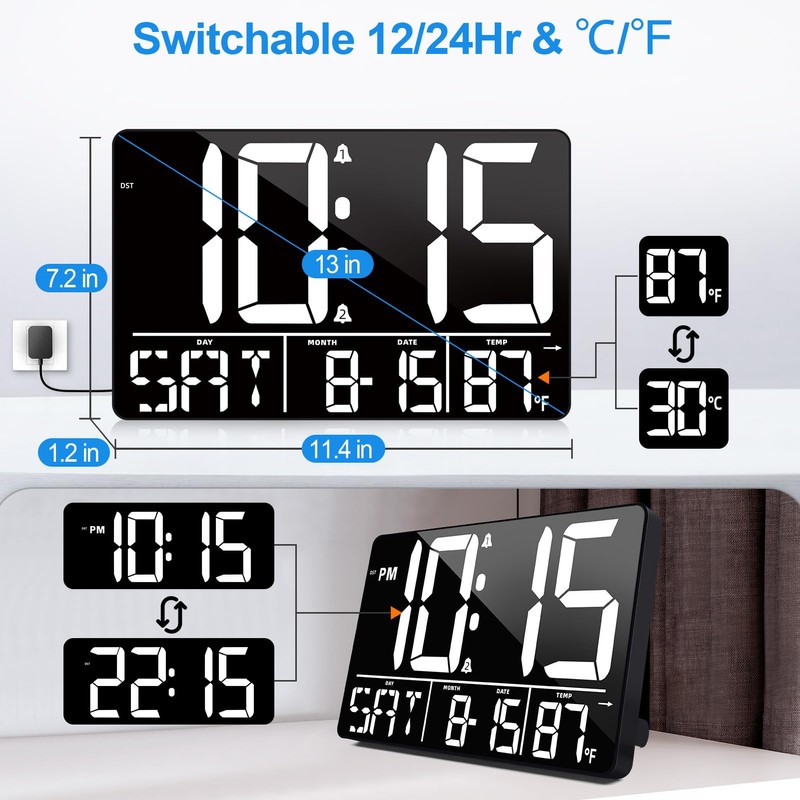 tawiliysy 13" Large Digital Wall Clock with Remote, Bluetooth Connection,