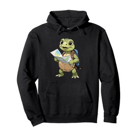 Cartoon Turtle Traveling With Map And Backpack Illustration Pullover Hoodie